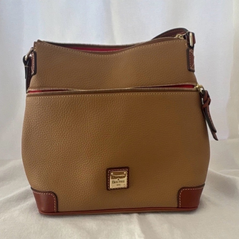 Dooney & Bourke Tan Brown Pebbled Leather Shoulder Bag Zip Gold Hardware